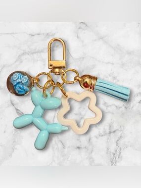 Aqua Balloon Dog Keychain with Tassel and Star Charm